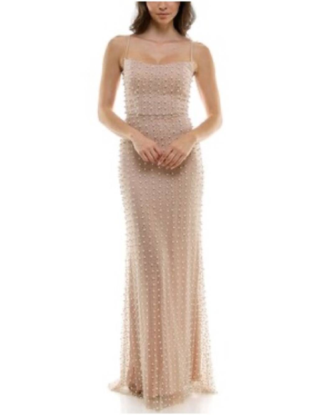 Macy’s B. Darlin Stones & Pearls Scoop Neck Spaghetti Strap Maxi Dress